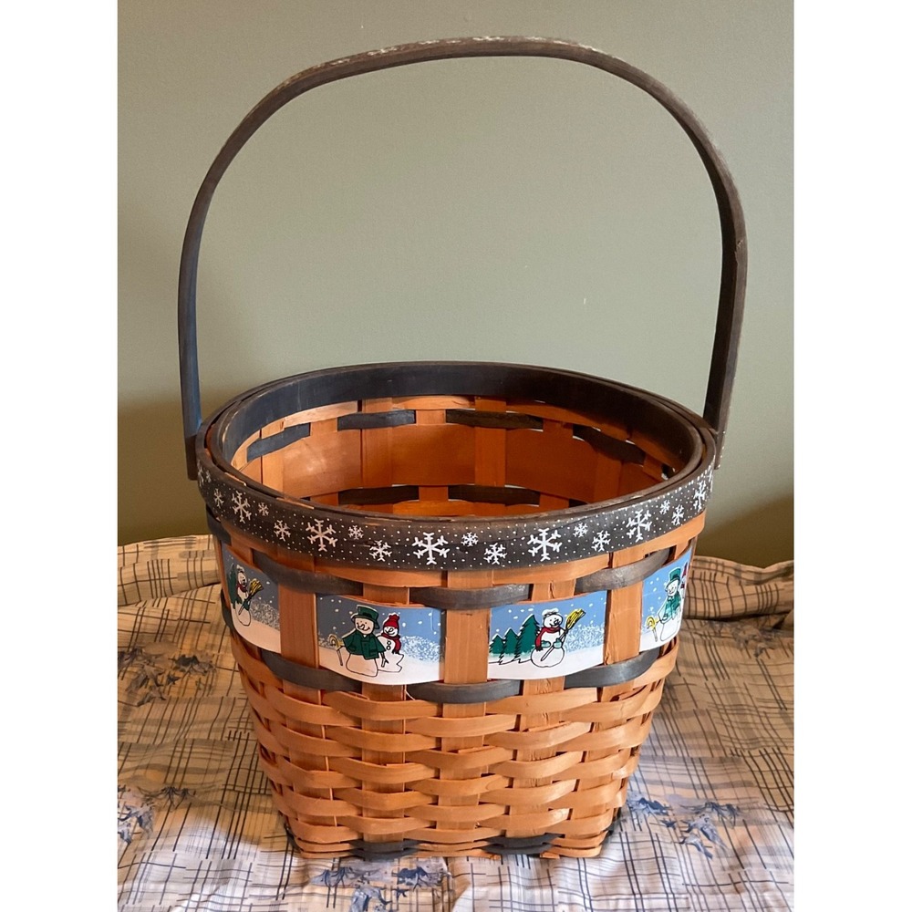 Handmade Snowman Basket w/Handle 16" High, 10"Diameter Woven Festive Handpainted - Picture 2 of 7